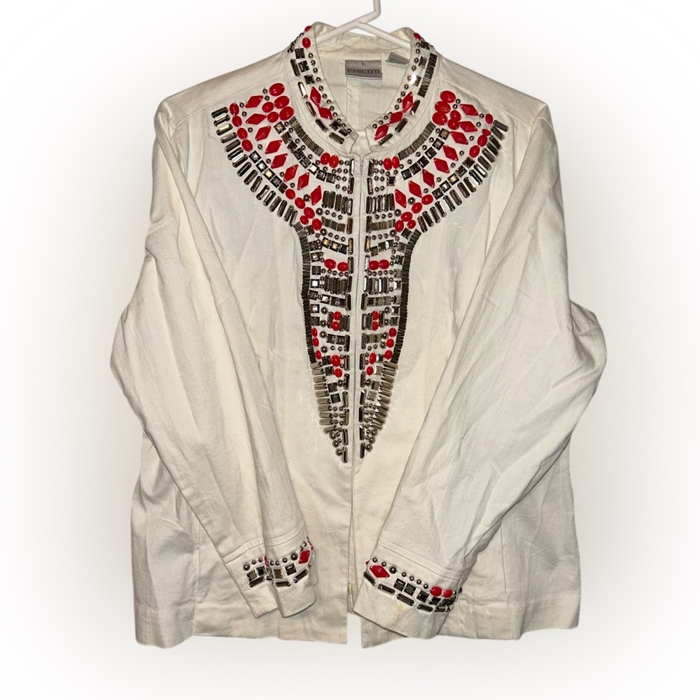 Chico's White Denim Embellished Jacket Red And Silver Embellishment Size 2